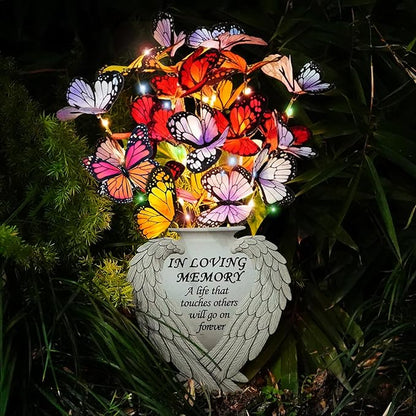 Solar Angel Wing Memorial Stake - Metal Silhouette Grave Decorations for Cemetery - Flat Outdoor Sympathy Gift with Butterfly Lights & Flowers - Bereavement Decor for Loss of Mom Dad（with Flowers))