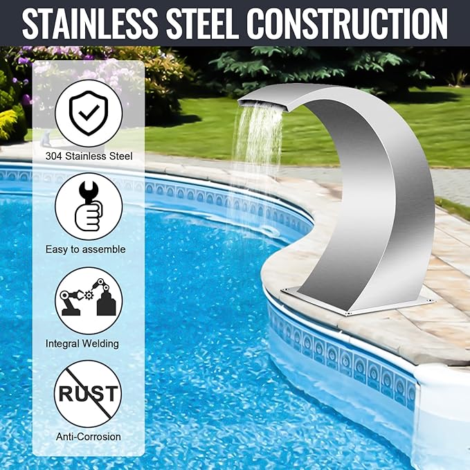 Pool Waterfall Fountains, Stainless Steel Rectangular Pool Waterfall Spillway with Pipe Connector for Indoor/Outdoor Decorative (7.9 Inch)