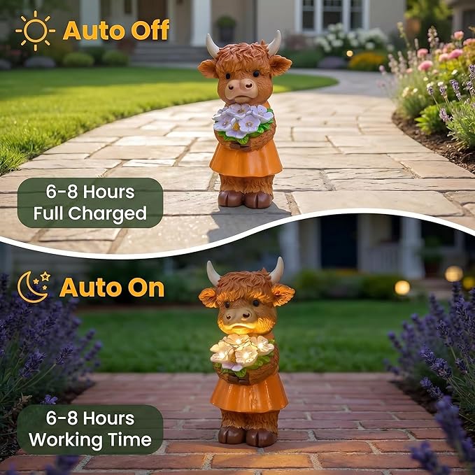 Solar-Powered Resin Highland Cow Statue with Orange Skirt & Light-Up Purple Flower Bouquet - Garden Decor for Patio, Lawn, Porch or Entryway