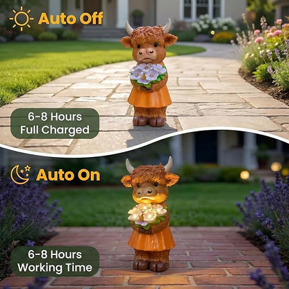 Solar-Powered Resin Highland Cow Statue with Orange Skirt & Light-Up Purple Flower Bouquet - Garden Decor for Patio, Lawn, Porch or Entryway