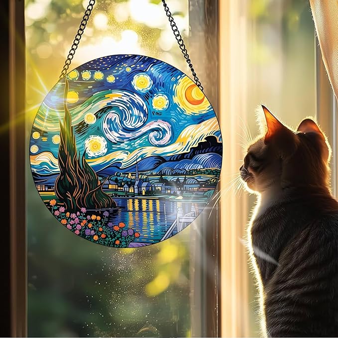 VAIIEYO Starry Night Sun Catcher Stained Glass Window Hanging Ornament, Handmade Sun Catcher Landscape Decoration with Hooks for Window Garden Home, Mother's Day & Birthday Housewarming Gift 7.8 inch