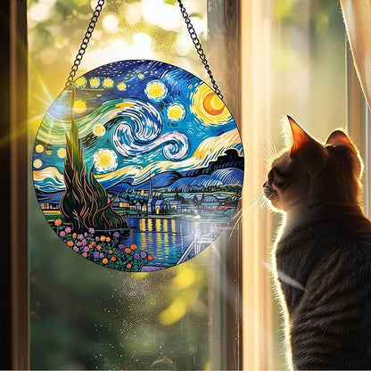 VAIIEYO Starry Night Sun Catcher Stained Glass Window Hanging Ornament, Handmade Sun Catcher Landscape Decoration with Hooks for Window Garden Home, Mother's Day & Birthday Housewarming Gift 7.8 inch
