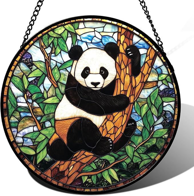 Stained Glass Window Hanging - Cute Panda Suncatcher for Doors Garden Patio Sun Catchers Decor Christmas Mother's Day Birthday Teenager Gifts for Women Men Mom Nana Friend 11.8 in