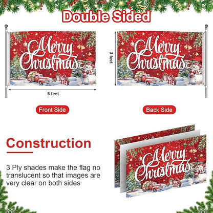 Christmas Flag Decoration 3x5 Ft Carnival Garden Banner Outdoor, Yard Flags Double Sided Printed Indoor Home House Decor Party Supplies Yard Sign Background for Photography(Christmas Tree/Truck/Snow)