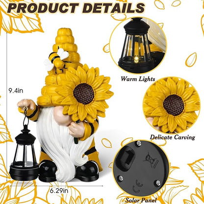 Suzile 2 Pack Sunflower Bee Gnome 9.4 Inch Garden Outdoor Statue Solar with Lantern Lights Gnomes Gifts for Women Outside Sunflower Bee Figurine for Yard Courtyard Lawn Patio Porch Decor