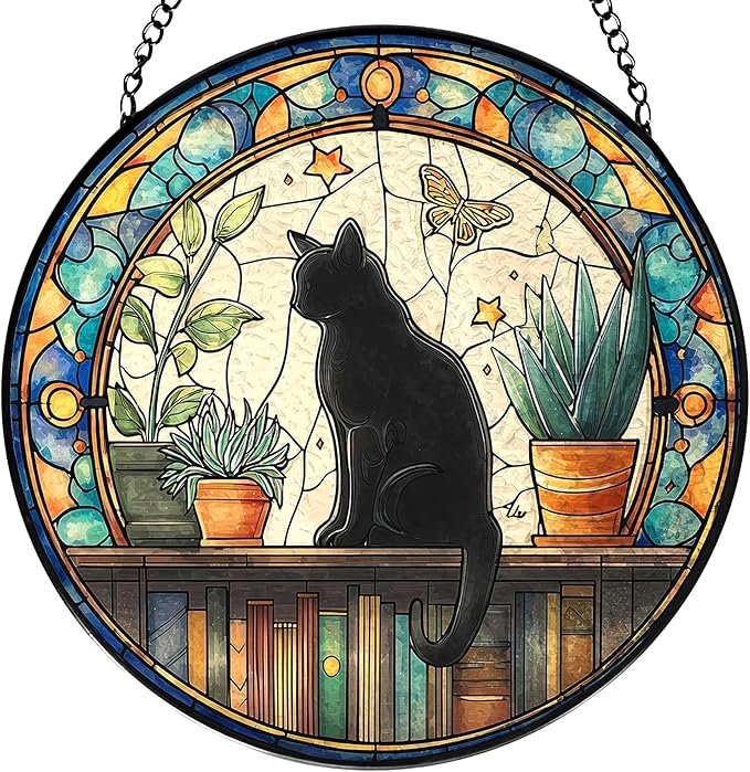 Black Cat Stained Glass Window Hanging, Book Lovers Suncatchers Sun Catchers Indoor Window Glass Wall Art, Book Reader Gifts, Black Cat Round Wall Hanging Decor, 7.9x7.9in,