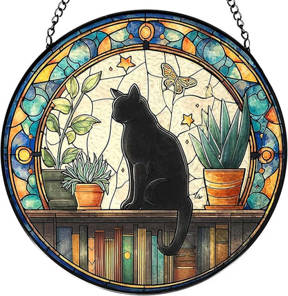 Black Cat Stained Glass Window Hanging, Book Lovers Suncatchers Sun Catchers Indoor Window Glass Wall Art, Book Reader Gifts, Black Cat Round Wall Hanging Decor, 7.9x7.9in,