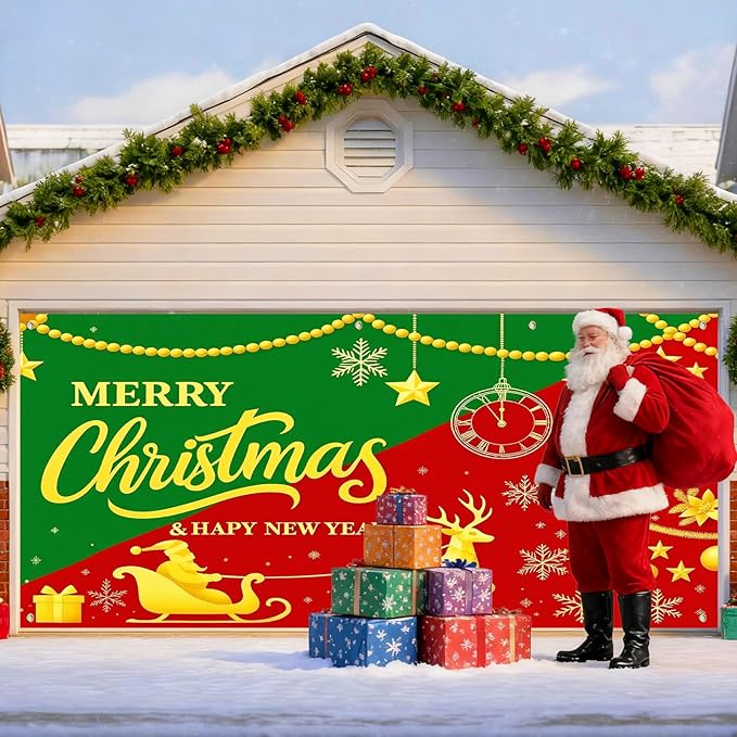 IVN Christmas Garage Door Cover Decoration 13x6ft Snowy Night Trees with Green Red Sleigh Scene Deer Merry Christmas Garage Door Banner Home Door Front Yard Decor for Xmas Eve Holiday Outdoor