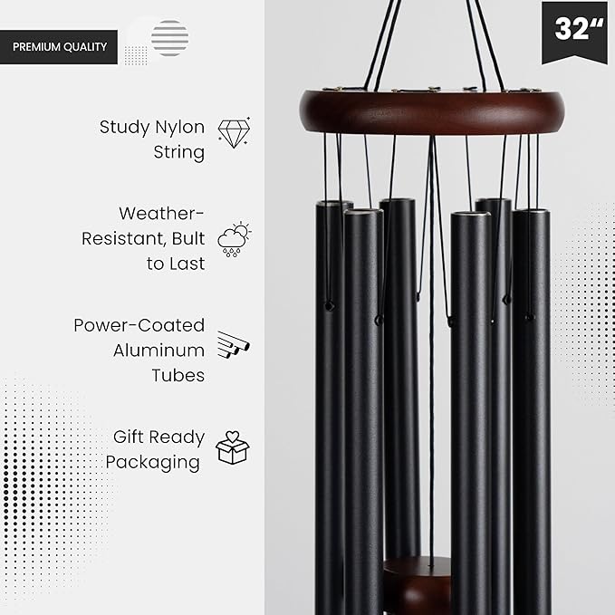 Memorial Wind Chimes for Loss of Loved One, Windchimes in Memory of a Loved One, Sympathy Gift Baskets, Bereavement Condolence Gifts, Memorial Gifts for Loss of Mom, 32" Sympathy Feather, Black