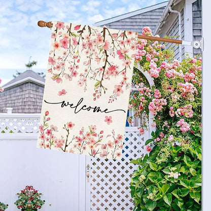Baccessor Spring Summer Welcome House Flag 28 x 40 Inch Double Sided Burlap Pink Floral Cherry Blossom Green Leaf Farmhouse Large Yard Flag Summer Holiday Seasonal Outdoor Outside Decoration