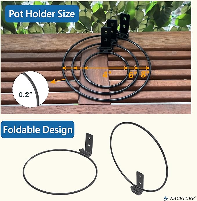 NACETURE Flower Pot Holder Ring for Wall Mount Foldable – Heavy Duty Round Metal Planter Hooks Hangers - Fence Pot Plant Holders Hanging Bracket for Outdoor Indoor (6 Inch 6 Pack)