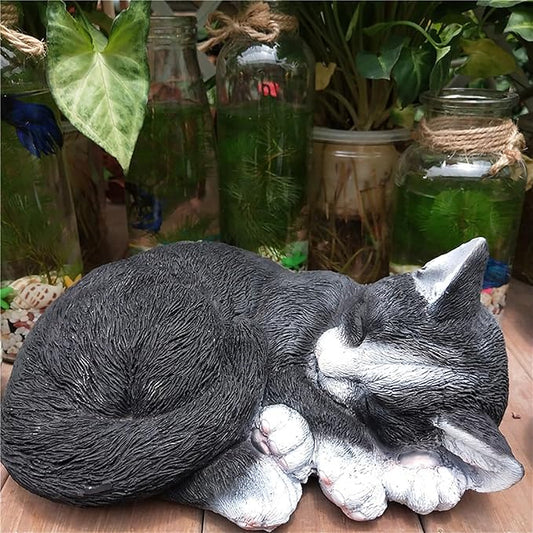 Realistic Cat Garden Outdoor Statue, Sleeping Kitten Figurines Sculpture Decoration for Patio, Yard, Porch Lawn Ornament, Office Home Art Décor Cat Memorial Stone (Black)