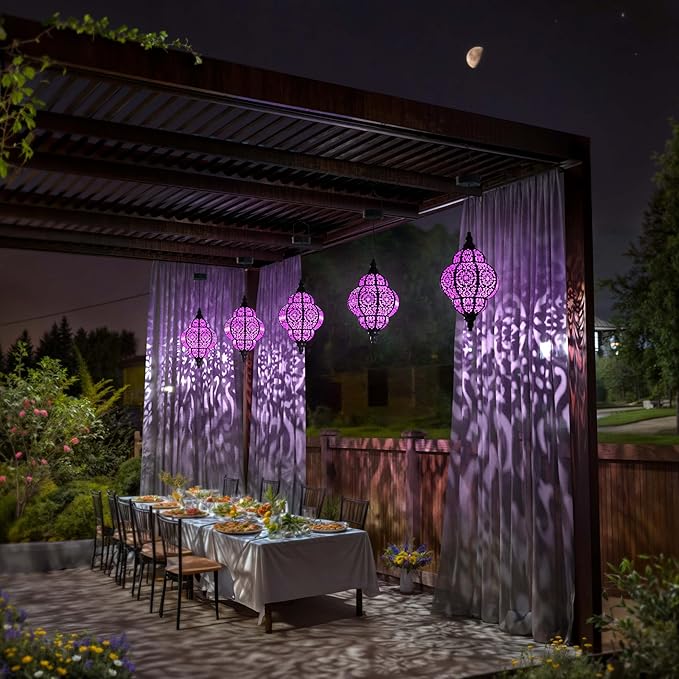 Hapjoy Hanging Solar Lights Outdoor Garden Decor Solar Lantern Waterproof Plastic Moroccan Outdoor Decorations for Patio Pathway Yard Backyard Garden Decorative (1, Purple)