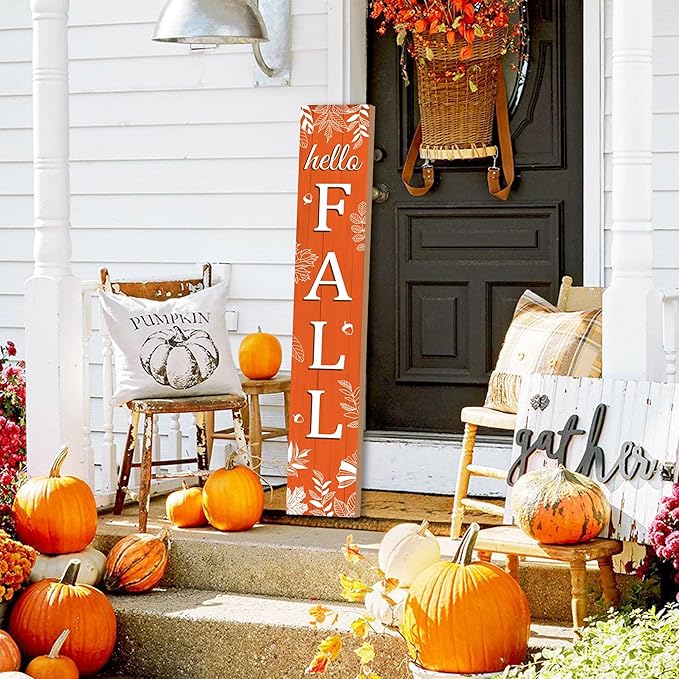 Hello Fall Porch Sign Autumn Leaves Wooden Welcome Sign Vertical Fall Hanging Signs For Standing Front Porch Decor Rustic Wall Decor Home Farmhouse Yard Door Fall Decorations 47.2"H