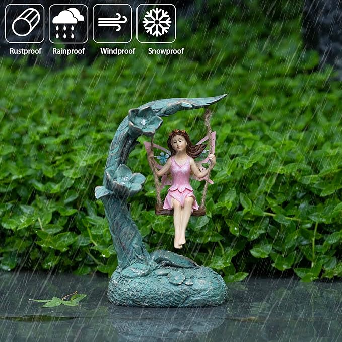 Suyorpe Garden Flower Fairy Outdoor Statue Decor Funny Swing Fairy Ornaments Figurines for Patio Lawn Yard Porch Outside Garden Gifts,9.05 Inches Tall ﻿ ﻿ ﻿