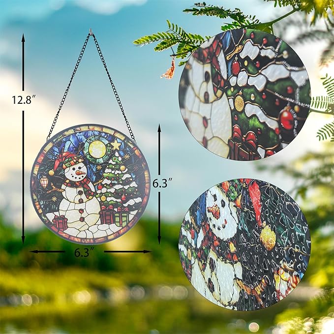 Stained Glass Sun Catcher,Christmas Snowman Glass Window Hanging Garden Decor,Sun Catchers Indoor Window,Whimsical Decoration for Home Backyard Patio Lawn Porch with 6.3 INCH
