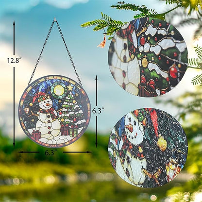Stained Glass Sun Catcher,Christmas Snowman Glass Window Hanging Garden Decor,Sun Catchers Indoor Window,Whimsical Decoration for Home Backyard Patio Lawn Porch with 6.3 INCH
