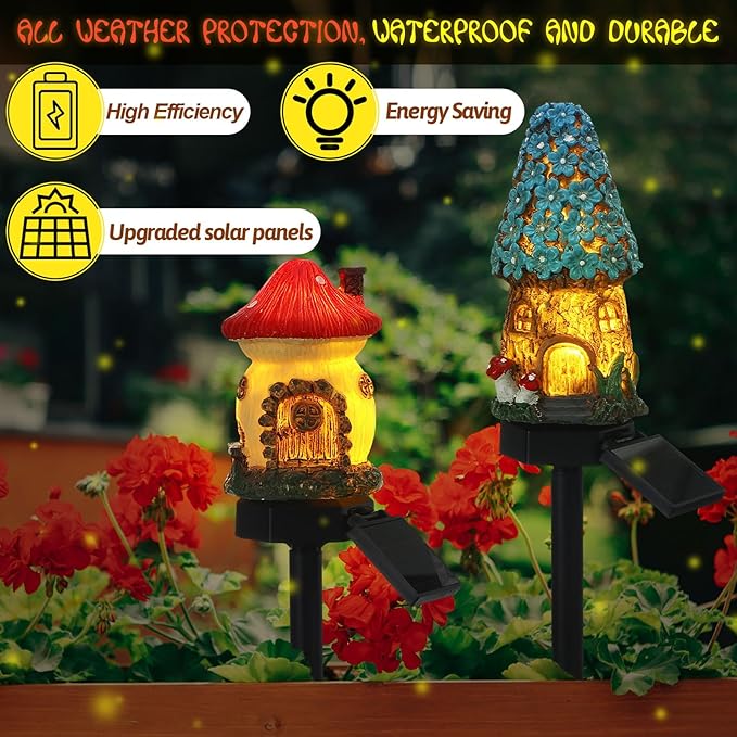 Rossesay 2 Pack Fairy Outdoor Garden Fairy House Mushroom Solar Light Home Statue LED Light for Spring Outside Garden Lawn Walkway Patio Yard Backyard Plant Decoration