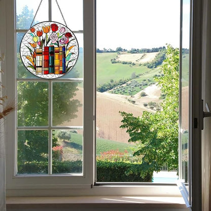 Flower Book Stained Glass Window Hanging 6'' Sun Catcher Book Club Lover Gifts for Women Reading Room Decor Handmade SunCatcher Decoration for Garden Home Bookish Library Decor