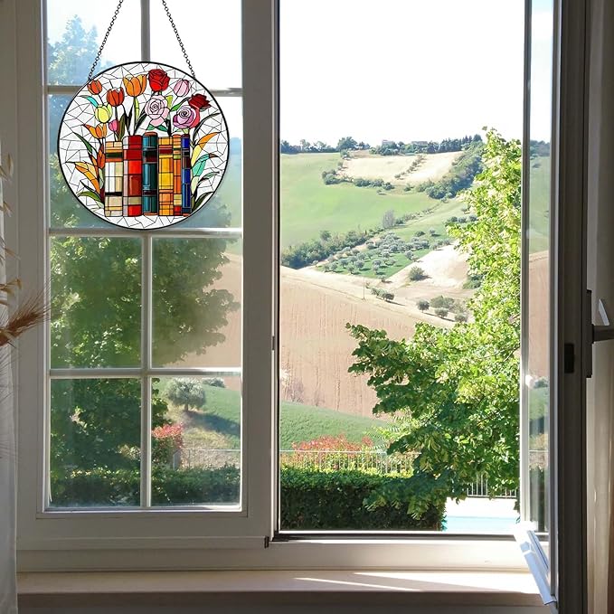 Flower Book Stained Glass Window Hanging 9.8'' Sun Catcher Book Club Lover Gifts for Women Reading Room Decor Handmade SunCatcher Decoration for Garden Home Bookish Library Decor