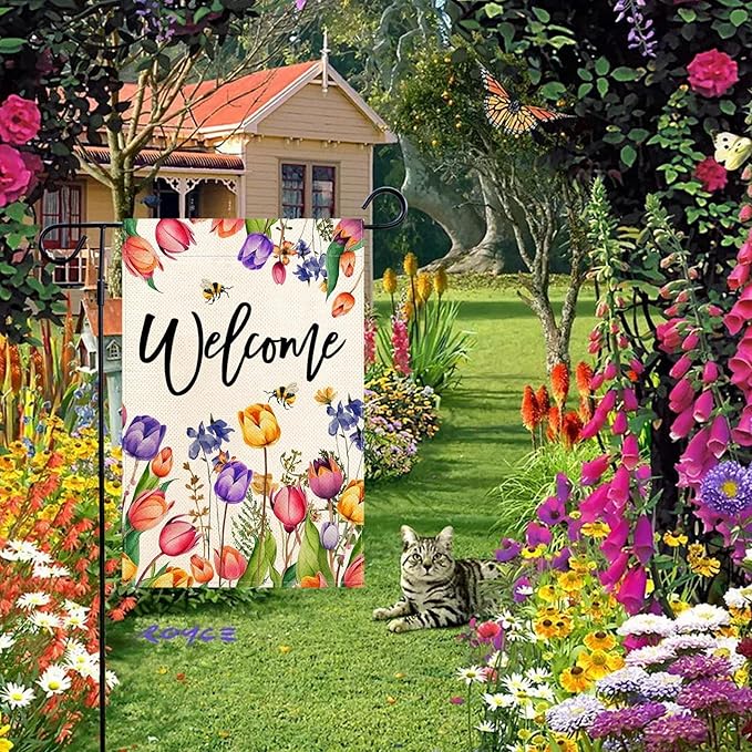Baccessor Spring Summer Easter Tulip Welcome Garden Flag Double Sided Bee Colorful Floral Small Burlap Yard House Seasonal Farmhouse Outside Outdoor Decoration 12.5 x 18 Inch