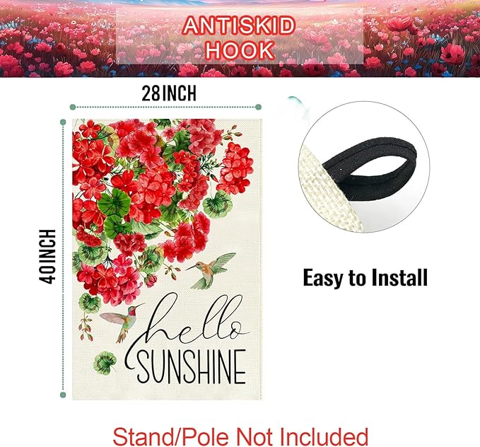 Baccessor Spring House Flag 28 x 40 Inch, Red Geranium Floral Double Sided Burlap Welcome Large Yard Flag Seasonal Holiday Lawn Proch Outdoor Outside Decor