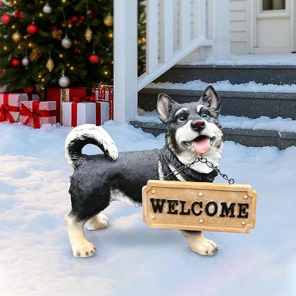 Outdoor Husky Dog Statue with Interchangeable Welcome sign and Detachable Solar Lantern –LED Light Garden Dog Sculpture Décor Garden Statue Outdoor dog statueCute Puppy Design for Yard Porch Gift