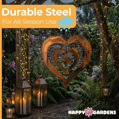 Handcrafted Triple Spinning Heart Steel Ornament (Flamed Finish) Happy Gardens Rustic Outdoor Metal Hook Hanging Decor for Outside Back Yard