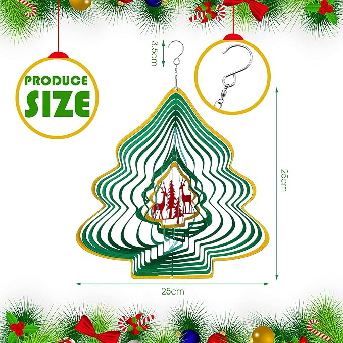 3D Metal Wind Spinner Christmas Tree Shape Stainless Steel Yard Decorations Spinner with a Routing Hook for Outdoor Garden House Hanging Decoration Gift with 360 Rotating Hook for Home Yard Decor