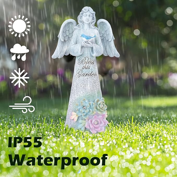 Angel Garden Statue Outdoor Decor, Angel Garden Holding Bird with Solar Lights, Gardening Gifts for Mom Grandma, Art Decoration Lawn Ornament Sculpture for Outside