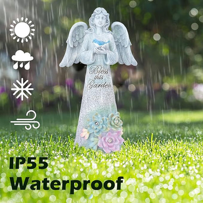 Angel Garden Statue Outdoor Decor, Angel Garden Holding Bird with Solar Lights, Gardening Gifts for Mom Grandma, Art Decoration Lawn Ornament Sculpture for Outside