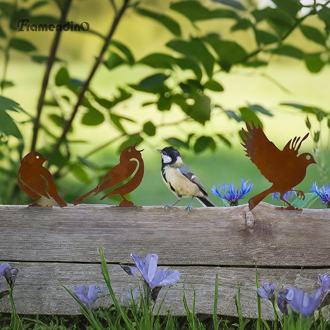 Framendino, 5 Pack Rusty Birds Decoration Metal Yard Art Bird Ornaments Decor for Fence Topper Garden Decorations