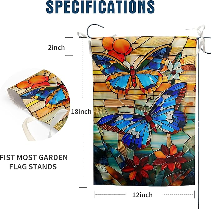 Stained Glass Butterfly Garden Flag Spring Summer Yard Flag Fall Floral Decorative Flags for Outside 12x18 Double Sided Small Seasonal Lawn Flags Rustic Outdoor Decor