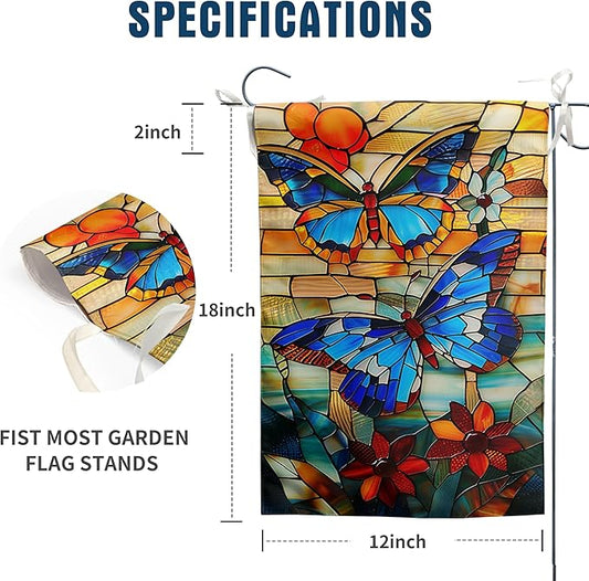 Stained Glass Butterfly Garden Flag Spring Summer Yard Flag Fall Floral Decorative Flags for Outside 12x18 Double Sided Small Seasonal Lawn Flags Rustic Outdoor Decor