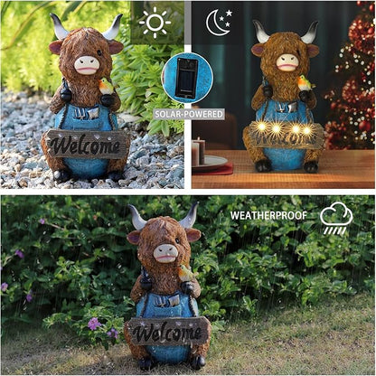 V-Ladybug Solar Garden Statues -Highland Cow Outdoor Handmade Resin Statue with LED Light, and Welcome Holder for Patio, Yard, Gift Ideas
