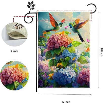 Hummingbirds Hydrangeas Garden Flag 12x18 Inch Double Sided Burlap, Spring Summer Welcome Colorful Floral Yard Decor, Farmhouse Outdoor Flag