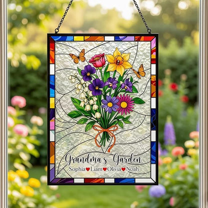 Personalized Grandma’s Garden Stained Glass Suncatcher, Custom Family Birth Flower Stained Glass Suncatcher, Floral Window Hanging, Mother’s Day Keepsake for Grandma