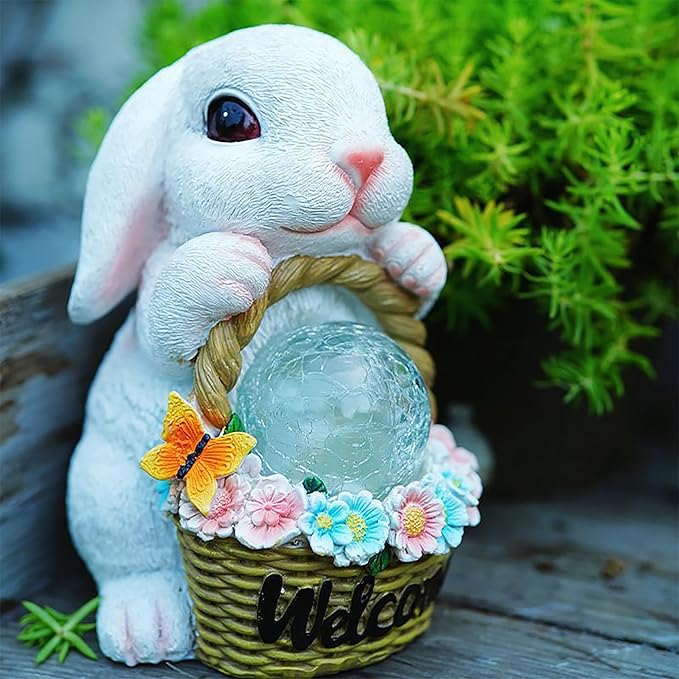 Solar Garden Outdoor Statues Rabbit with Flower Basket, Ideal Gift for Mom, Daddy, Cute Bunny Statue Decor for Lawn, Patio, Yard(White Rabbit)