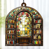 Jesuspirit - Window Hanging Suncatcher – Crystal Clear Acrylic & Wood Sun Catcher for Home Decor, for Women (Library Bookshelf, 8 Inches)