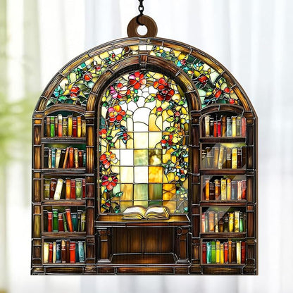 Jesuspirit - Window Hanging Suncatcher – Crystal Clear Acrylic & Wood Sun Catcher for Home Decor, for Women (Library Bookshelf, 8 Inches)