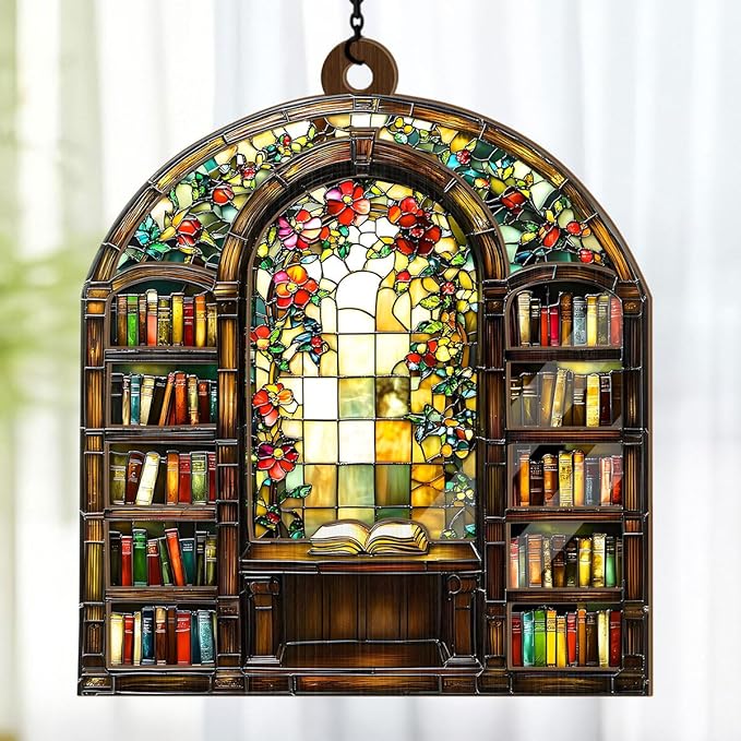 Jesuspirit - Window Hanging Suncatcher – Crystal Clear Acrylic & Wood Sun Catcher for Home Decor, for Women (Library Bookshelf, 6 Inches)