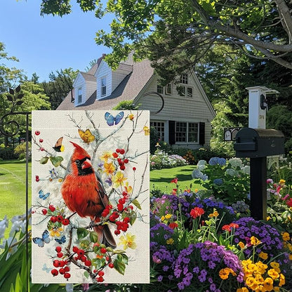 Spring Summer Cardinal Bird Butterfly Floral Garden Flag 12x18 Inch Double Sided, Welcome Yard Decor, Farmhouse Outdoor Flag for Lawn Patio Porch