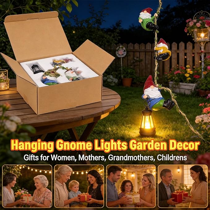 Garden Gnomes Hanging Solar Lights, 3-Pack Climbing Rope Gnome Statues with LED Lantern, Outdoor Decor for Yard Patio Door Tree Fence Wall, Housewarming Gifts for Women Mom Grandma
