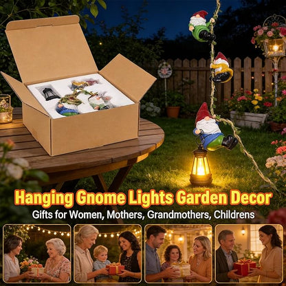 Garden Gnomes Hanging Solar Lights, 3-Pack Climbing Rope Gnome Statues with LED Lantern, Outdoor Decor for Yard Patio Door Tree Fence Wall, Housewarming Gifts for Women Mom Grandma