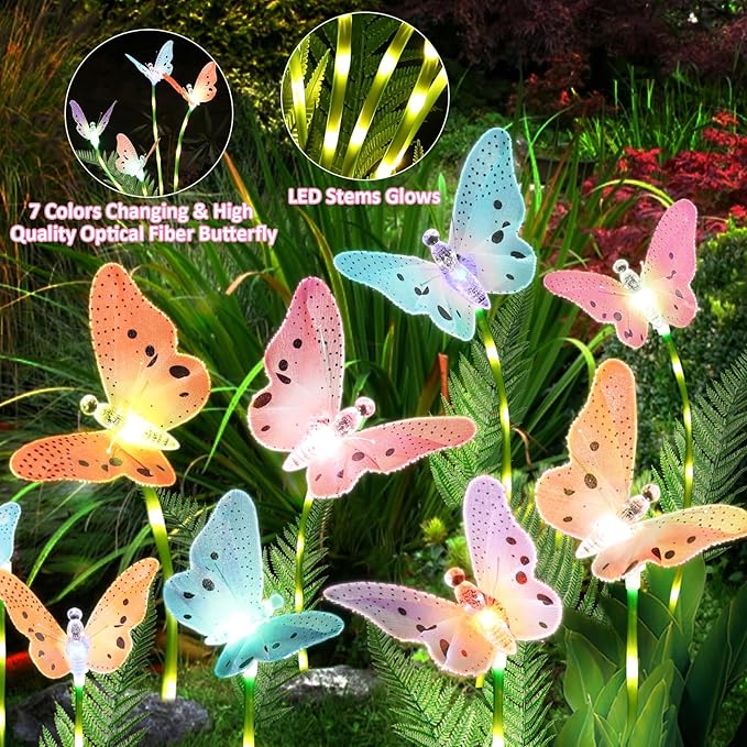 Weepong Solar Lights Outdoor Decorations Waterproof Newest Solar Garden Lights with Glowing Stems, 7-Color Changing Butterfly Flower Light for Outside Yard Pathway Garden Decor, Gift for Mother,2Pack