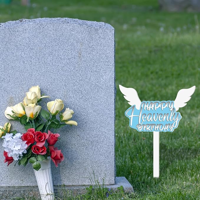 AceOrbit 13.8 X 7.9 Inches Large Happy Birthday in Heaven Decorations Cemetery Decorations for Grave Metal Memorial Remembrance Stake, Grave Markers for Human Cemetery Garden Yard Site Outdoor(Blue)