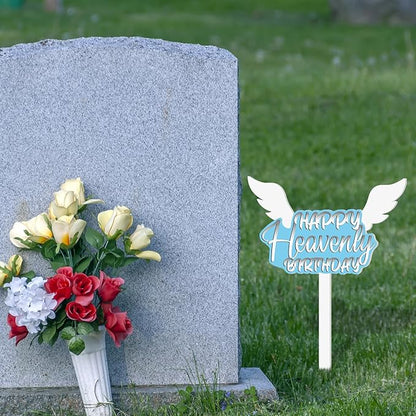 AceOrbit 13.8 X 7.9 Inches Large Happy Birthday in Heaven Decorations Cemetery Decorations for Grave Metal Memorial Remembrance Stake, Grave Markers for Human Cemetery Garden Yard Site Outdoor(Blue)