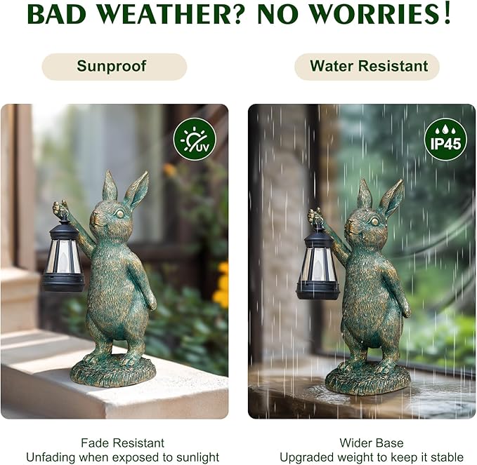 Rabbit Garden Statues with Solar Lantern Bunny Outdoor Resin Sculpture for Patio Yard Lawn Decorations Gifts for Mother’s Day Housewarming Easter