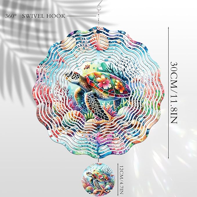 Metal Wind Spinners Outdoor - Sea Turtle Gifts 3D Hanging Wind Spinner Patio Lawn Garden Yard Decor 12 Inch Kinetic Spinning Ornaments Stainless Steel Art Sculpture Gift for Women Mom Grandma