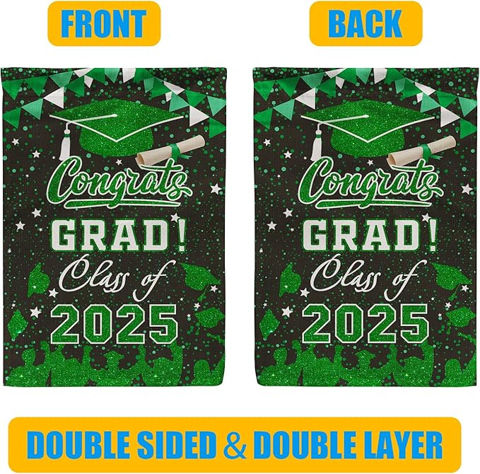 Graduation Garden Flag Class of 2025, Green Congrats Grade Flag for Outside Party Hanging Decorations 12x18 Inch Burlap